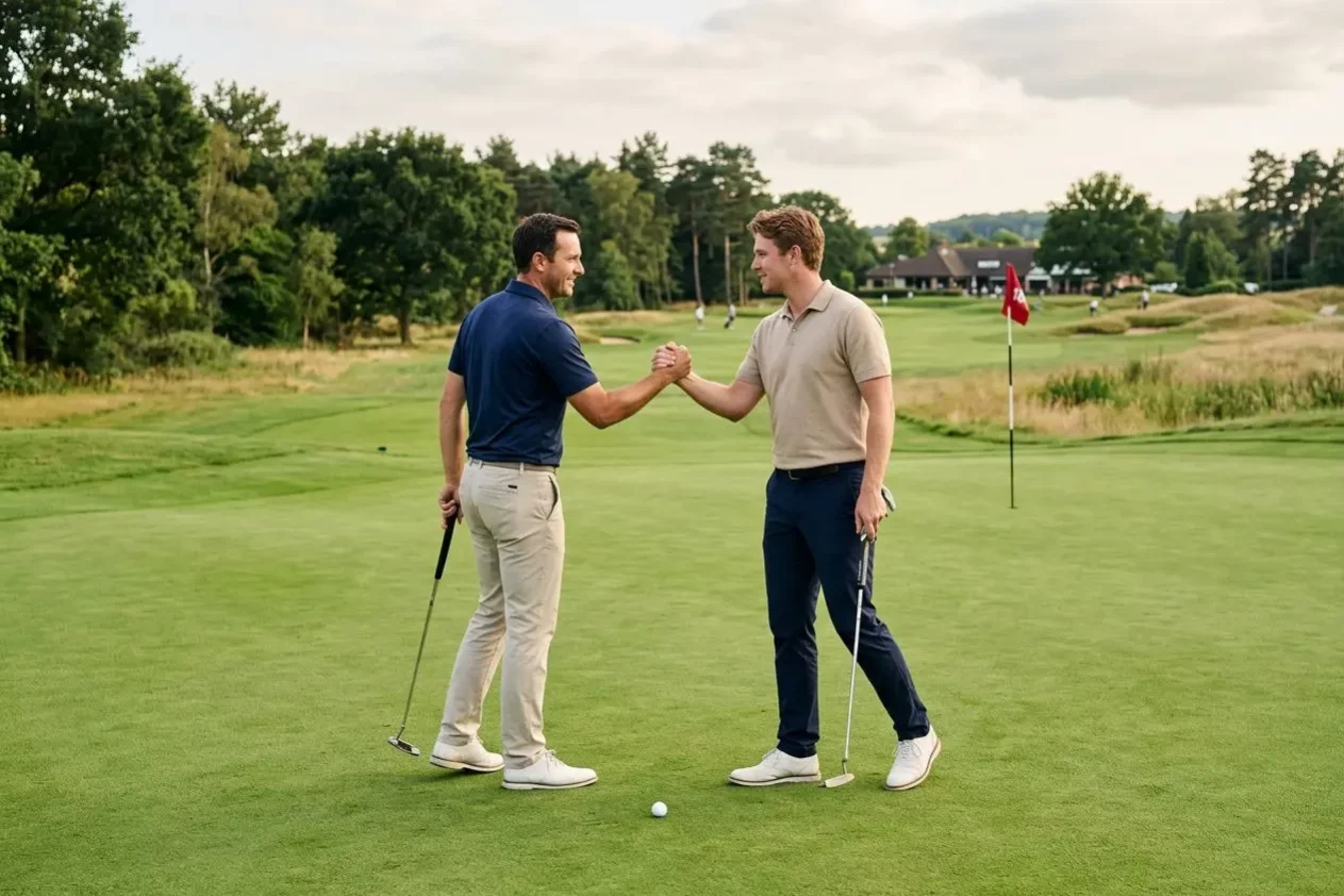 Deux joueurs de golf se serrent la main sur le green, chacun tenant son club, symbolisant le golf inter entreprise et l’esprit d’équipe.