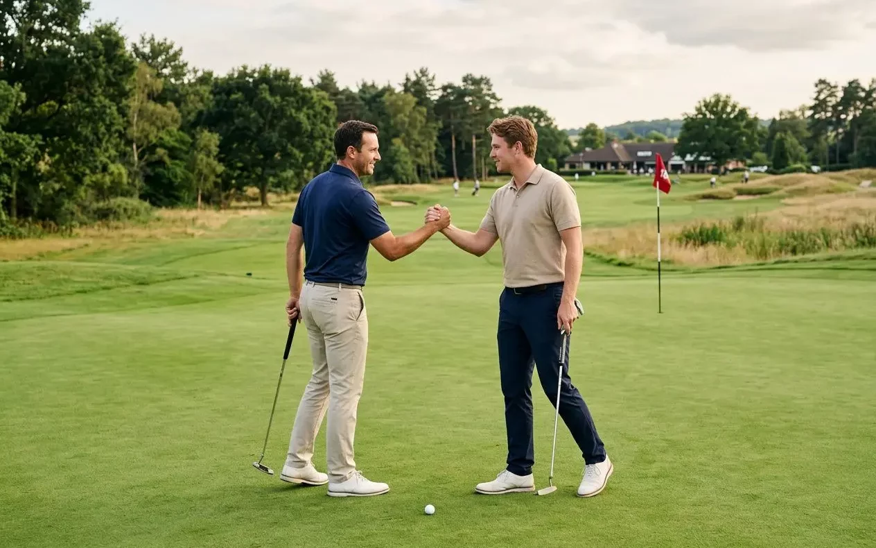 deux-joueurs-golf-serrent-main-green-chacun-tenant-son-club Deux joueurs de golf se serrent la main sur le green, chacun tenant son club, symbolisant le golf inter entreprise et l’esprit d’équipe.