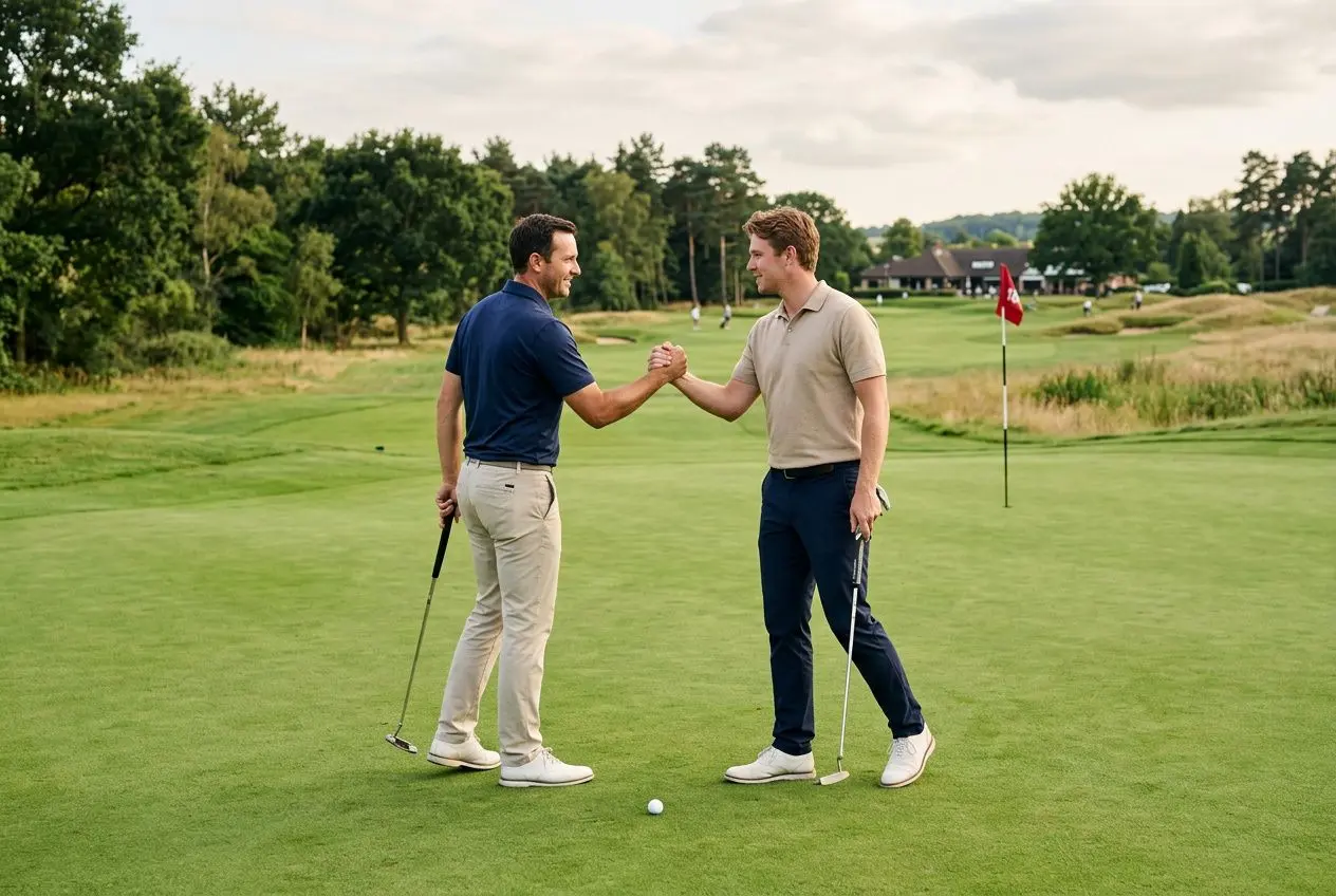 Deux joueurs de golf se serrent la main sur le green, chacun tenant son club, symbolisant le golf inter entreprise et l’esprit d’équipe.
