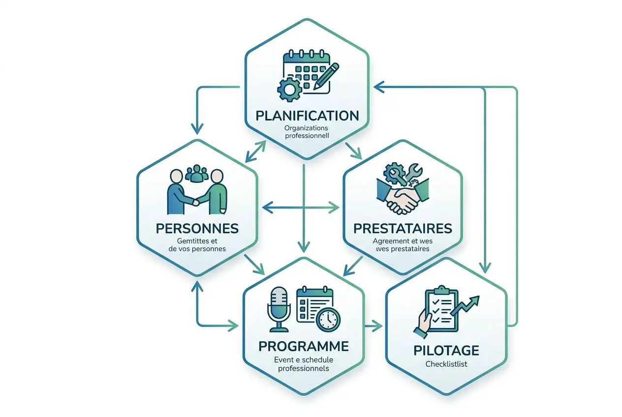 Diagramme illustrant la planification d’un événement réseau: planification, personnes, prestataires, programme et pilotage, avec flèches reliant les éléments. Intègre le sujet comment organiser un événement network.