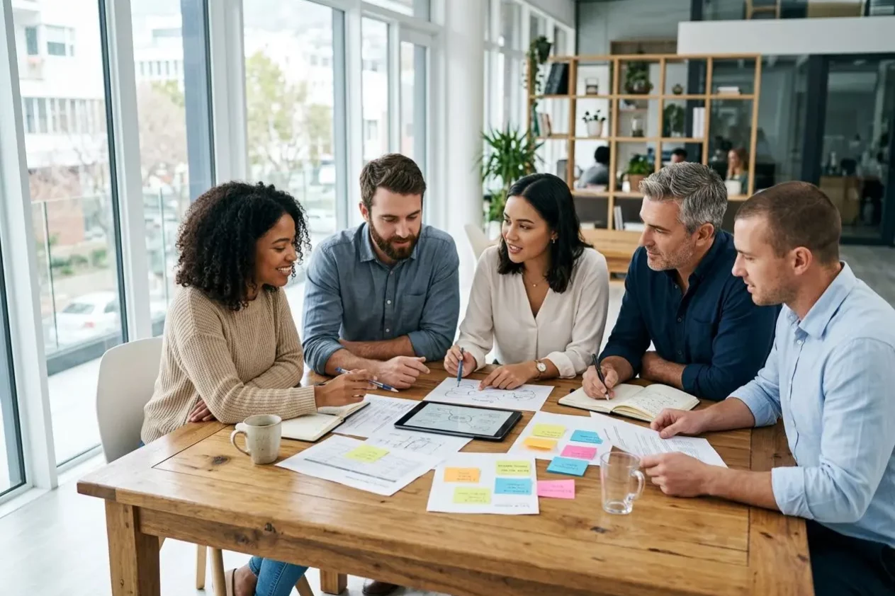 Groupe de cinq collaborateurs autour d’une table, brainstorming avec des post-its et un tablette, dans un espace lumineux. intégrer le sujet « comment fédérer son équipe au travail ».