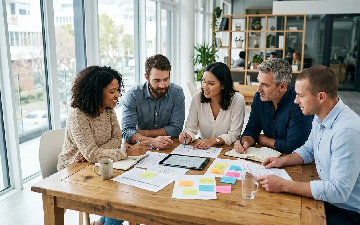 Groupe de cinq collaborateurs autour d’une table, brainstorming avec des post-its et un tablette, dans un espace lumineux. intégrer le sujet « comment fédérer son équipe au travail ».