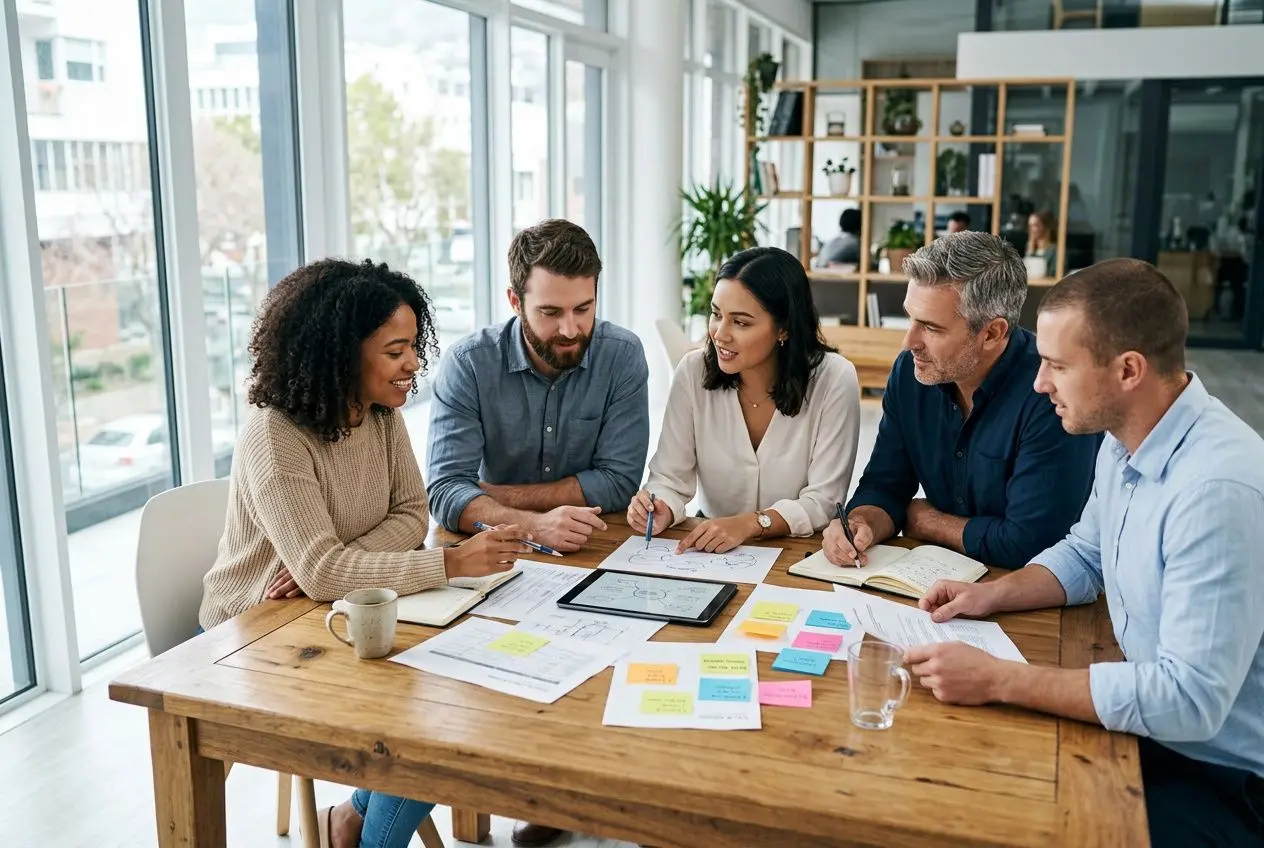 Groupe de cinq collaborateurs autour d’une table, brainstorming avec des post-its et un tablette, dans un espace lumineux. intégrer le sujet « comment fédérer son équipe au travail ».