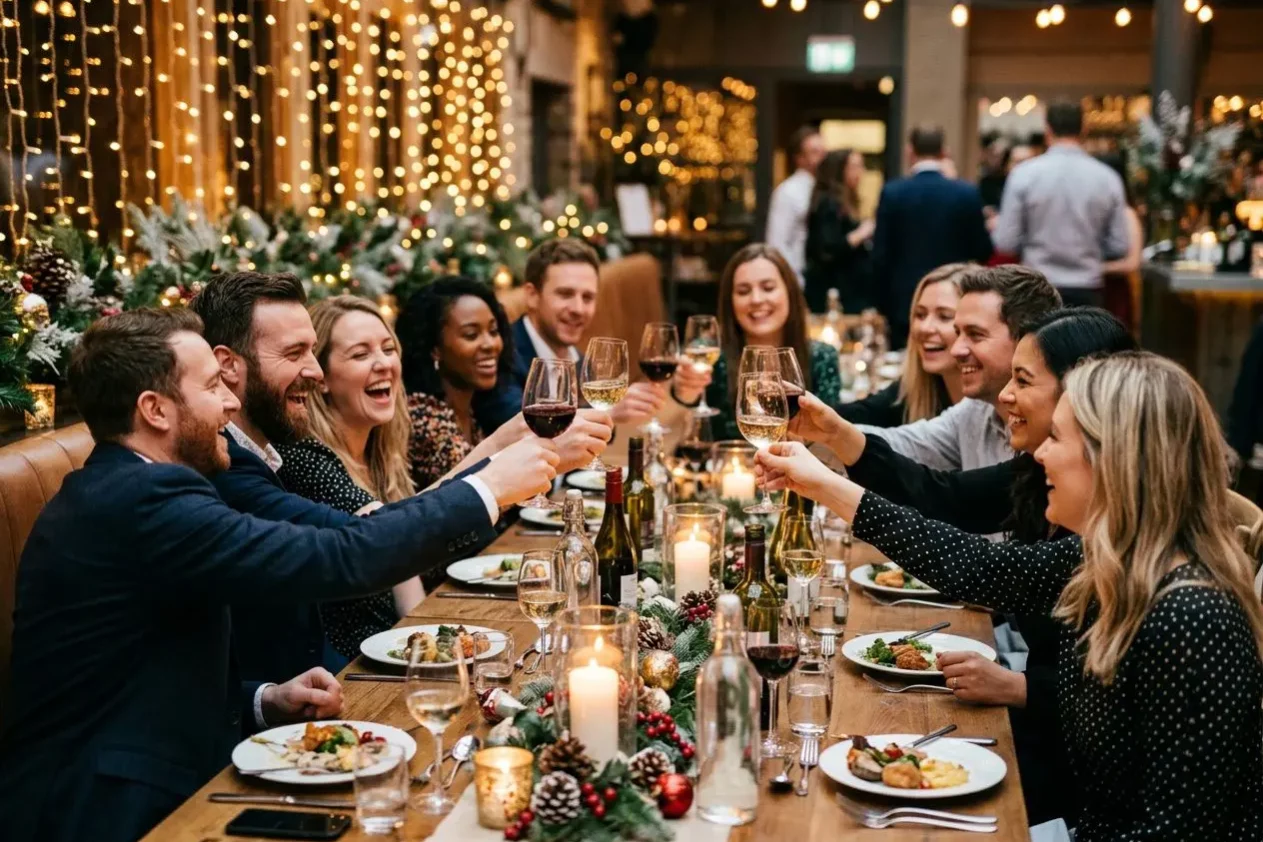 Groupe d’employés lors d’un repas d’équipe festif, levant leurs verres en toast autour d’une grande table avec décorations lumineuses et bougies, ambiance chaleureuse pour l’« activité entreprise fin d'année ».