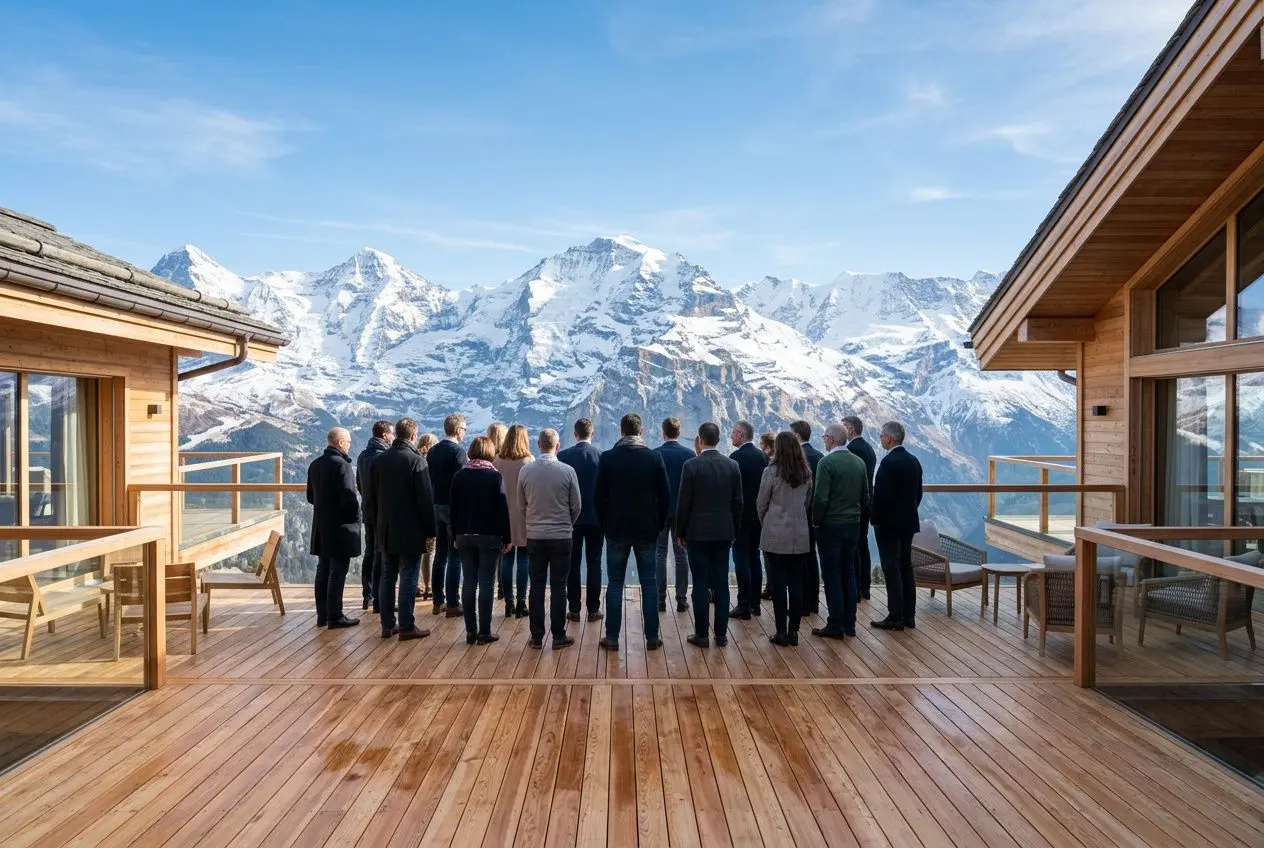 Groupe de personnes sur une terrasse en bois devant des montagnes enneigées, cadre chic et impressionnant, lieu prestige pour séminaire.