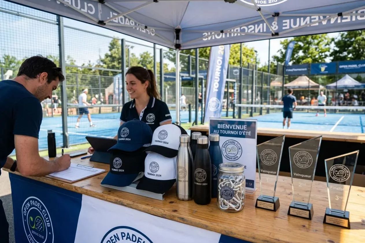 Hôte et hôtesse derrière un comptoir d’un tournoi padel, affiches et trophées à gagner, casquettes et gourdes personnalisées, ambiance sportive extérieure. goodie padel pour tournoi intégré naturellement.