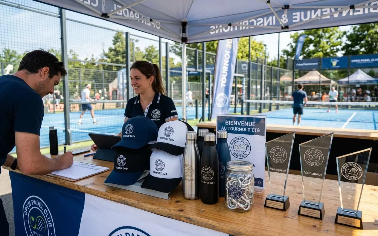 hote-hotesse-derriere-comptoir-dun-tournoi-padel-affiches Hôte et hôtesse derrière un comptoir d’un tournoi padel, affiches et trophées à gagner, casquettes et gourdes personnalisées, ambiance sportive extérieure. goodie padel pour tournoi intégré naturellement.