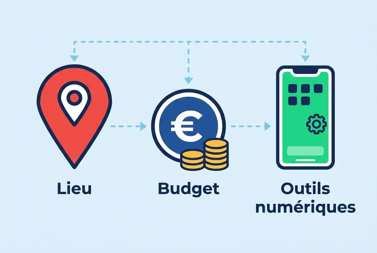 Localisation, budget et outils numériques pour « comment organiser un événement network »: illustration montrant Lieu, Budget et Outils numériques reliés par des flèches.