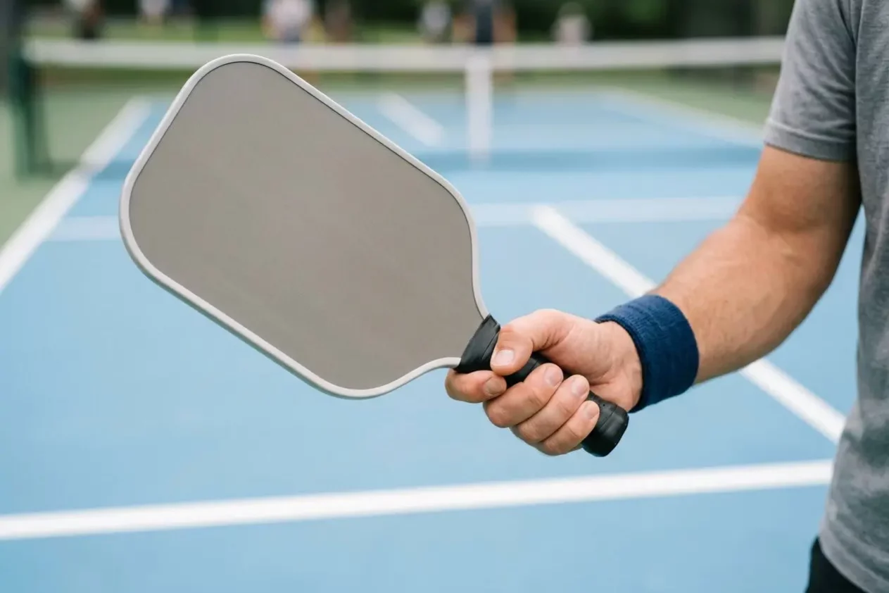 Main sujet: une raquette de pickleball tenue par une main prête à jouer près d'un court. Meilleure raquette de pickleball pour débutant : prise en main légère et contrôle idéal.