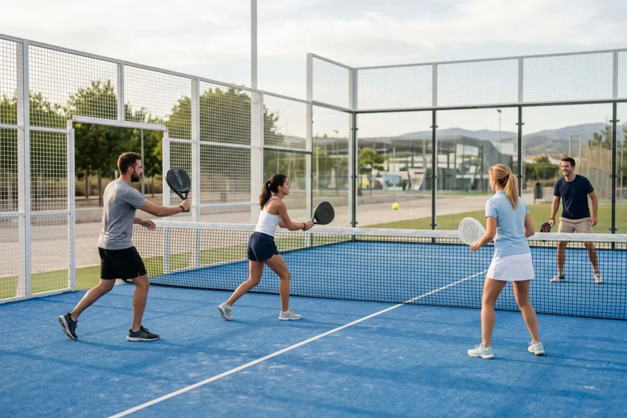 Quatre joueurs sur un court de padel en plein air, échange de balles près du filet. Le cadre est clôturé, ambiance sportive et conviviale. Le padel est-il un sport de riches?