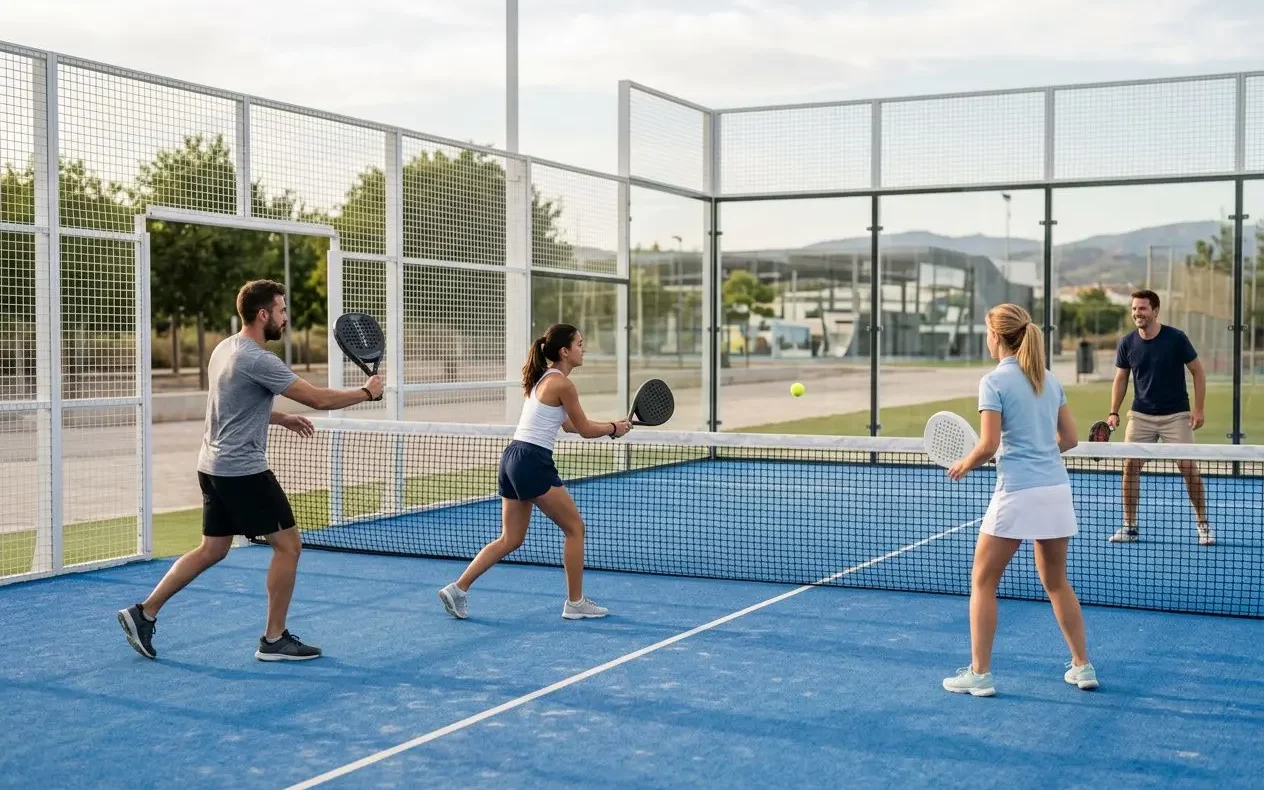 Quatre joueurs sur un court de padel en plein air, échange de balles près du filet. Le cadre est clôturé, ambiance sportive et conviviale. Le padel est-il un sport de riches?