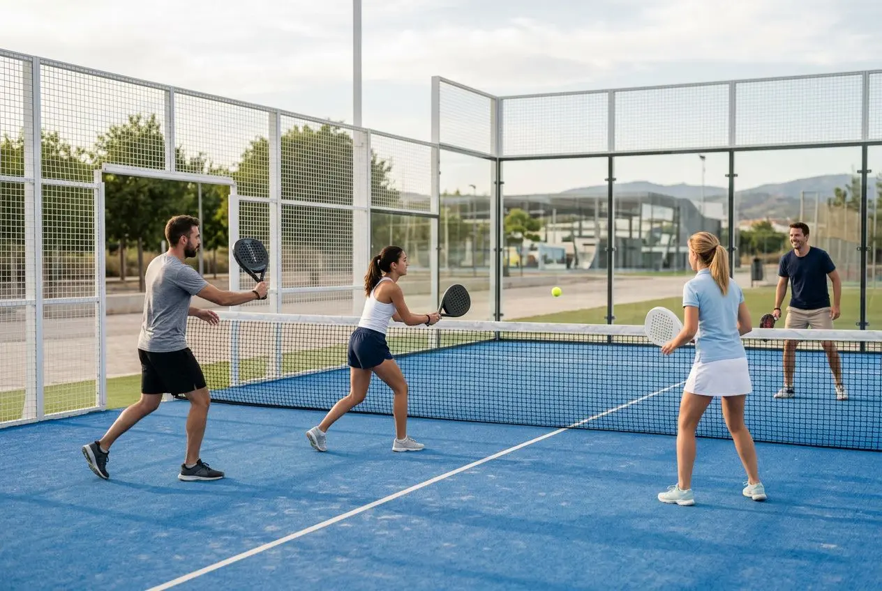 Quatre joueurs sur un court de padel en plein air, échange de balles près du filet. Le cadre est clôturé, ambiance sportive et conviviale. Le padel est-il un sport de riches?