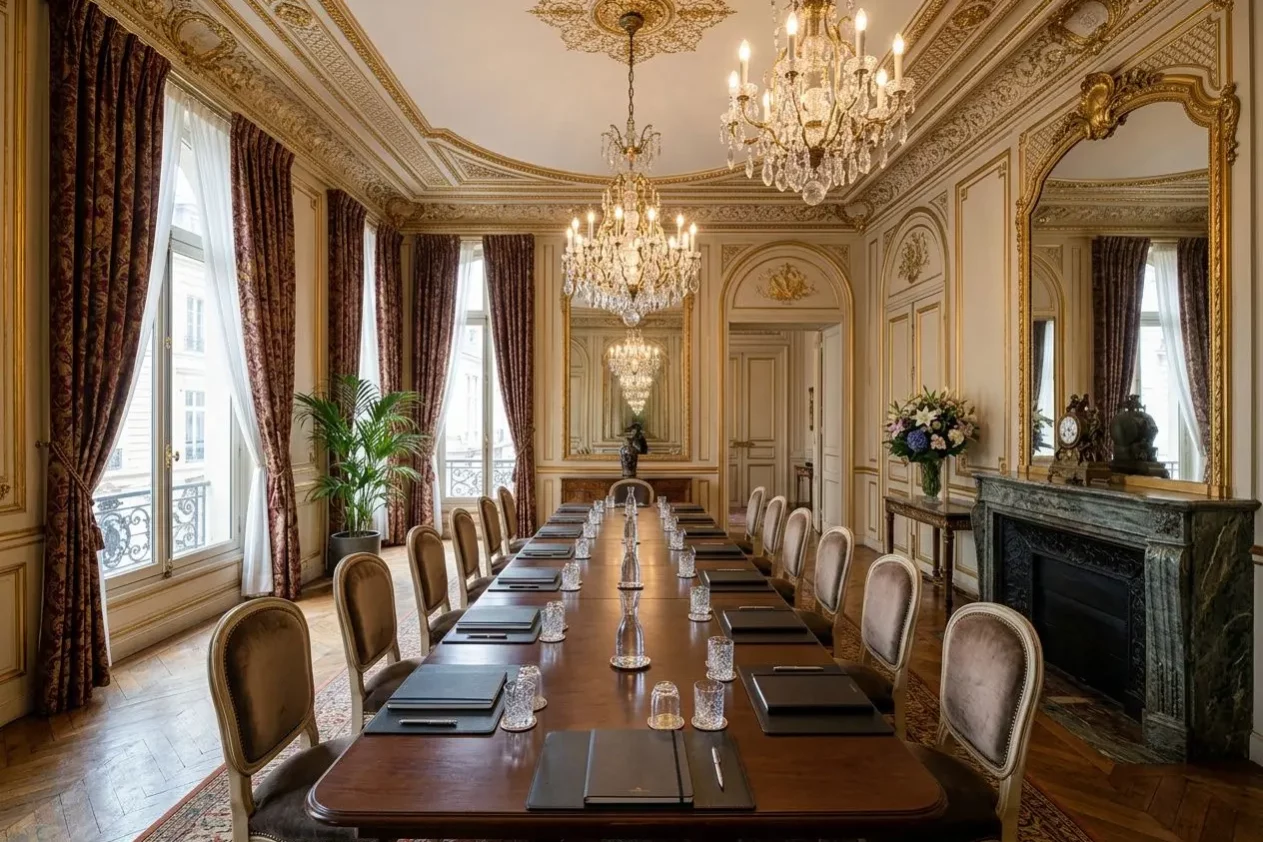 Salle de conférence élégante et lumineuse, cadre luxueux, table longue prête pour un séminaire dans un lieu prestige pour séminaire.