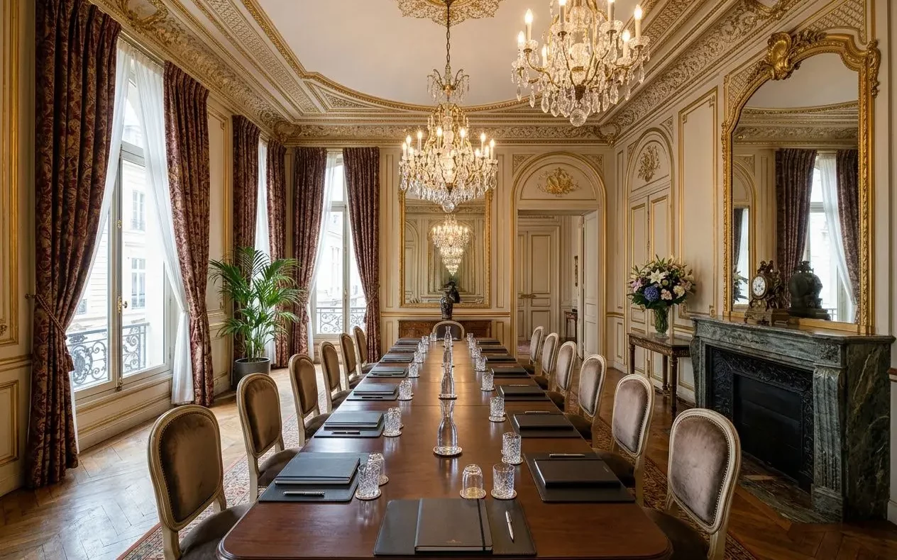 Salle de conférence élégante et lumineuse, cadre luxueux, table longue prête pour un séminaire dans un lieu prestige pour séminaire.