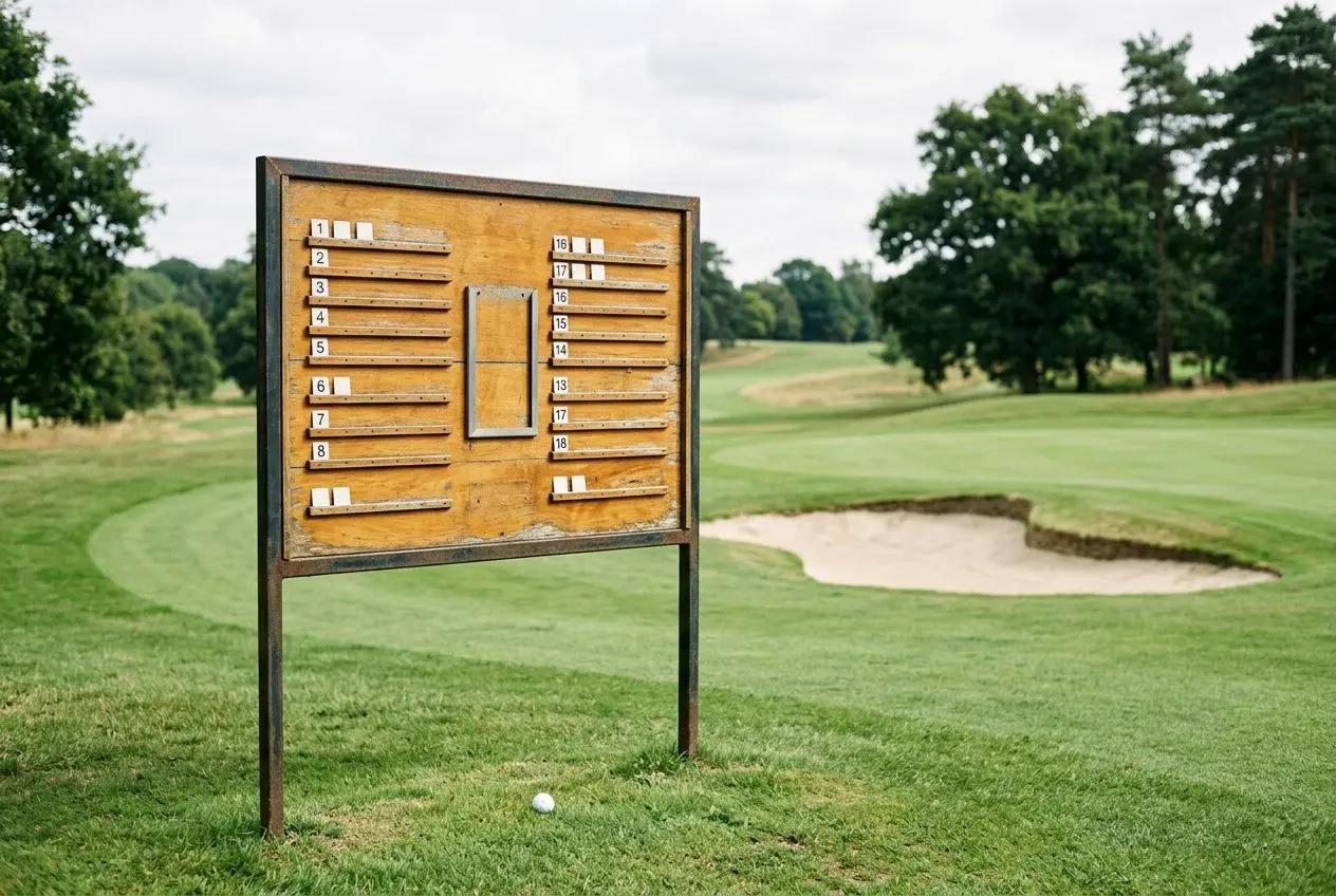 Tableau de score sur le parcours de golf, prêt à accueillir une compétition de golf inter entreprise sur fond de greens et bunkers.