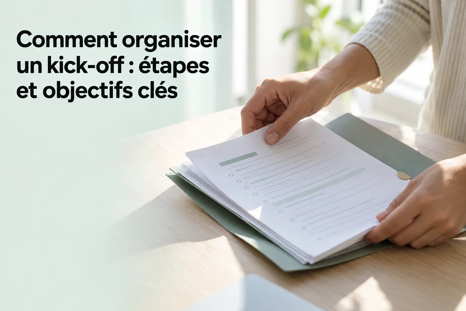 Comment organiser un kick-off : une personne feuillete des documents sur une table, en lumière naturelle.