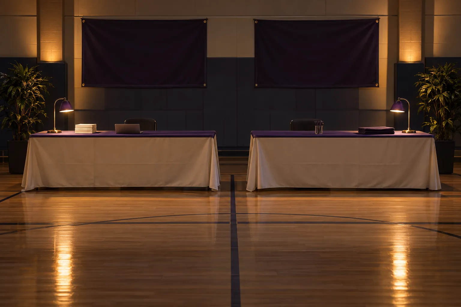 Deux tables couvertes de nappes blanches et lampes allumées dans une salle sportive, prêtes pour l’inscription et le