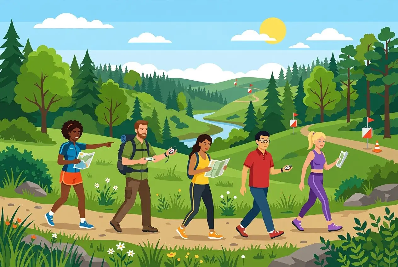 Groupe de colleagues en randonnée en nature, cartables à la main, avançant le long d’un sentier forestier en plein air. id&eacute;es animations sportives séminaire entreprise.