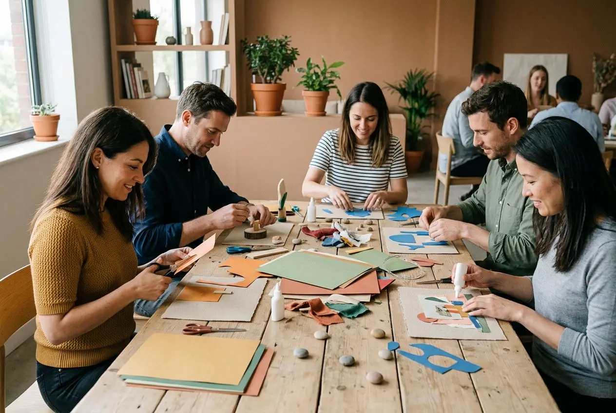 Groupe de collègues assis autour d’une grande table, créant des projets manuels colorés, papier et feutres à portée de main, ambiance conviviale. Activités groupe entreprise explorées.