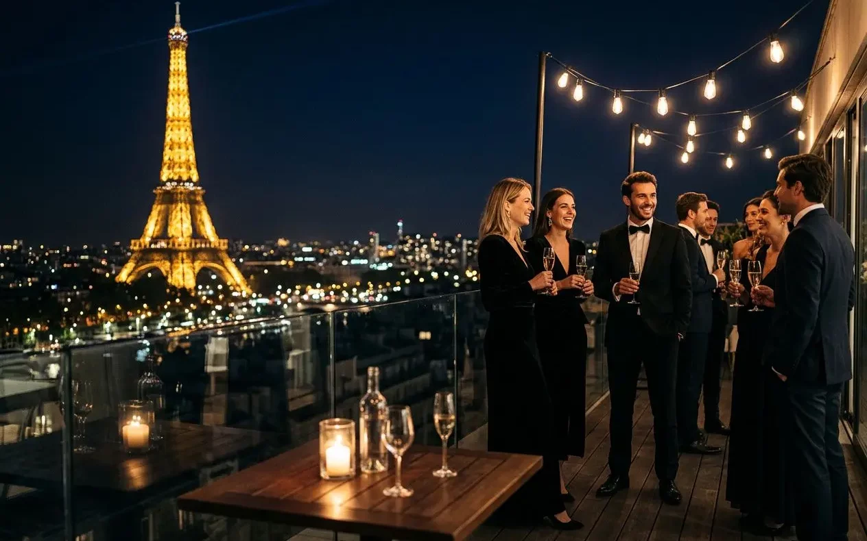 groupe-convives-elegants-terrasse-parisienne-nocturne-tour Groupe de convives élégants sur une terrasse parisienne nocturne, avec la Tour Eiffel illuminée en arrière-plan, dégustant des boissons lors d’un événement luxe paris.
