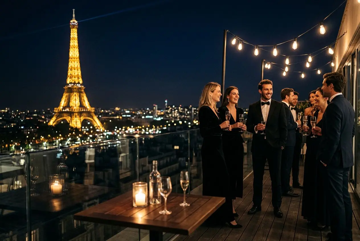 Groupe de convives élégants sur une terrasse parisienne nocturne, avec la Tour Eiffel illuminée en arrière-plan, dégustant des boissons lors d’un événement luxe paris.