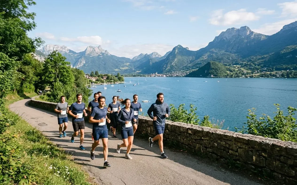 Groupe de coureurs en pleine course sur un chemin au bord d’un lac, entouré de montagnes et de verdure. Intègre naturellement « agence événementiel sportif annecy ».