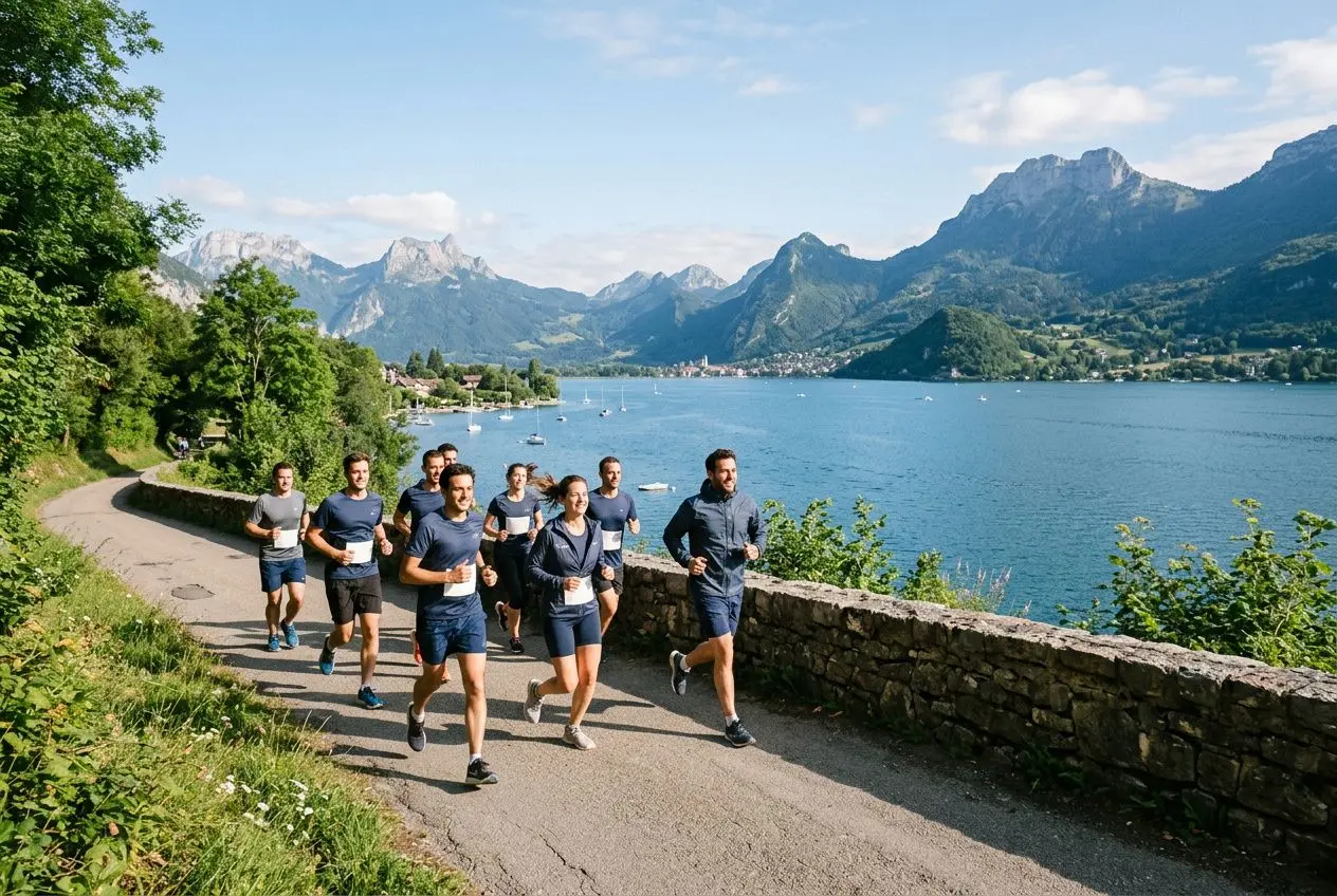 Groupe de coureurs en pleine course sur un chemin au bord d’un lac, entouré de montagnes et de verdure. Intègre naturellement « agence événementiel sportif annecy ».