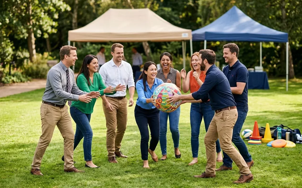 Groupe d’employés jouant avec un ballon lors d’un séminaire en plein air, sous tentes, activité conviviale et sportive entre collègues. Activités possibles pour un séminaire d'entreprise.
