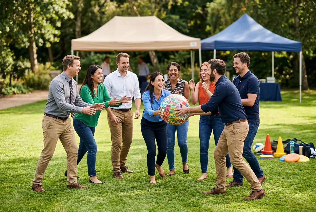 Groupe d’employés jouant avec un ballon lors d’un séminaire en plein air, sous tentes, activité conviviale et sportive entre collègues. Activités possibles pour un séminaire d'entreprise.