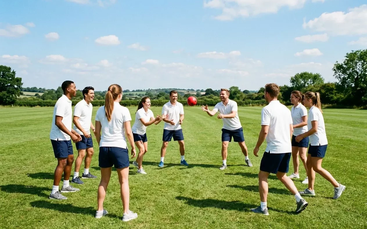 Groupe d’employés en tee-shirts blancs et shorts bleus jouant à un sport extérieur sur pelouse, lançant ou attrapant un ballon rouge lors d’un séminaire d’entreprise. Idées animations sportives séminaire entreprise.