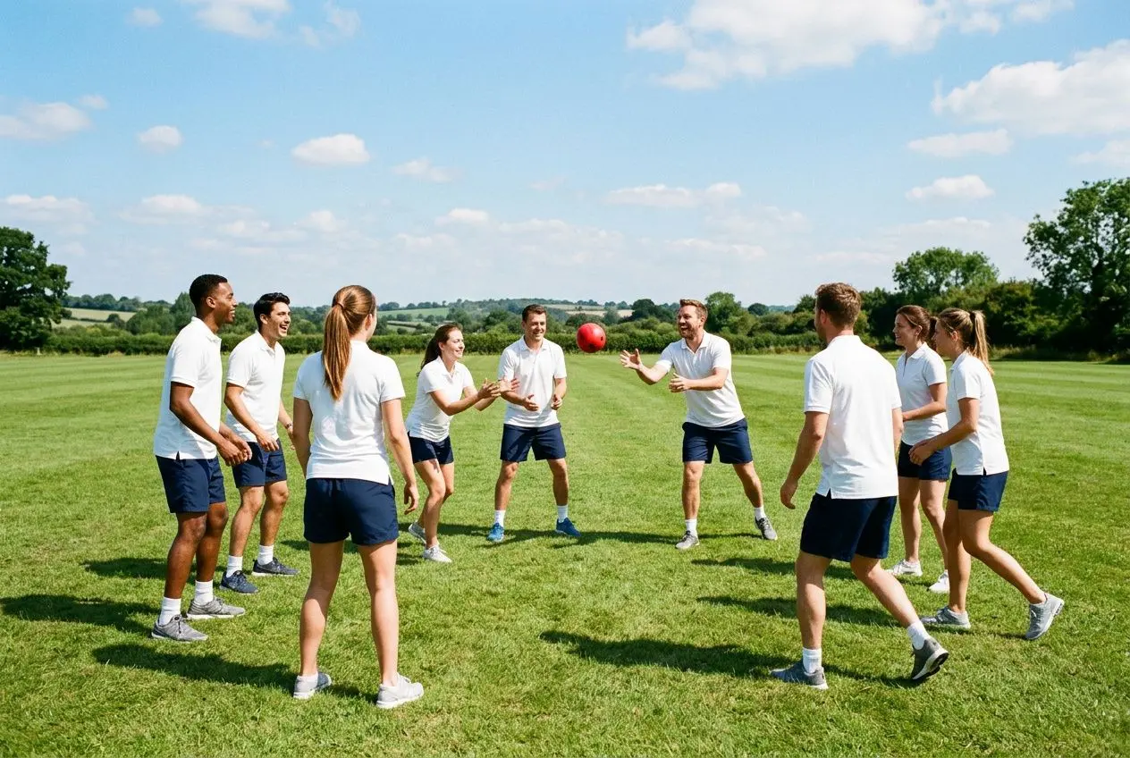 Groupe d’employés en tee-shirts blancs et shorts bleus jouant à un sport extérieur sur pelouse, lançant ou attrapant un ballon rouge lors d’un séminaire d’entreprise. Idées animations sportives séminaire entreprise.