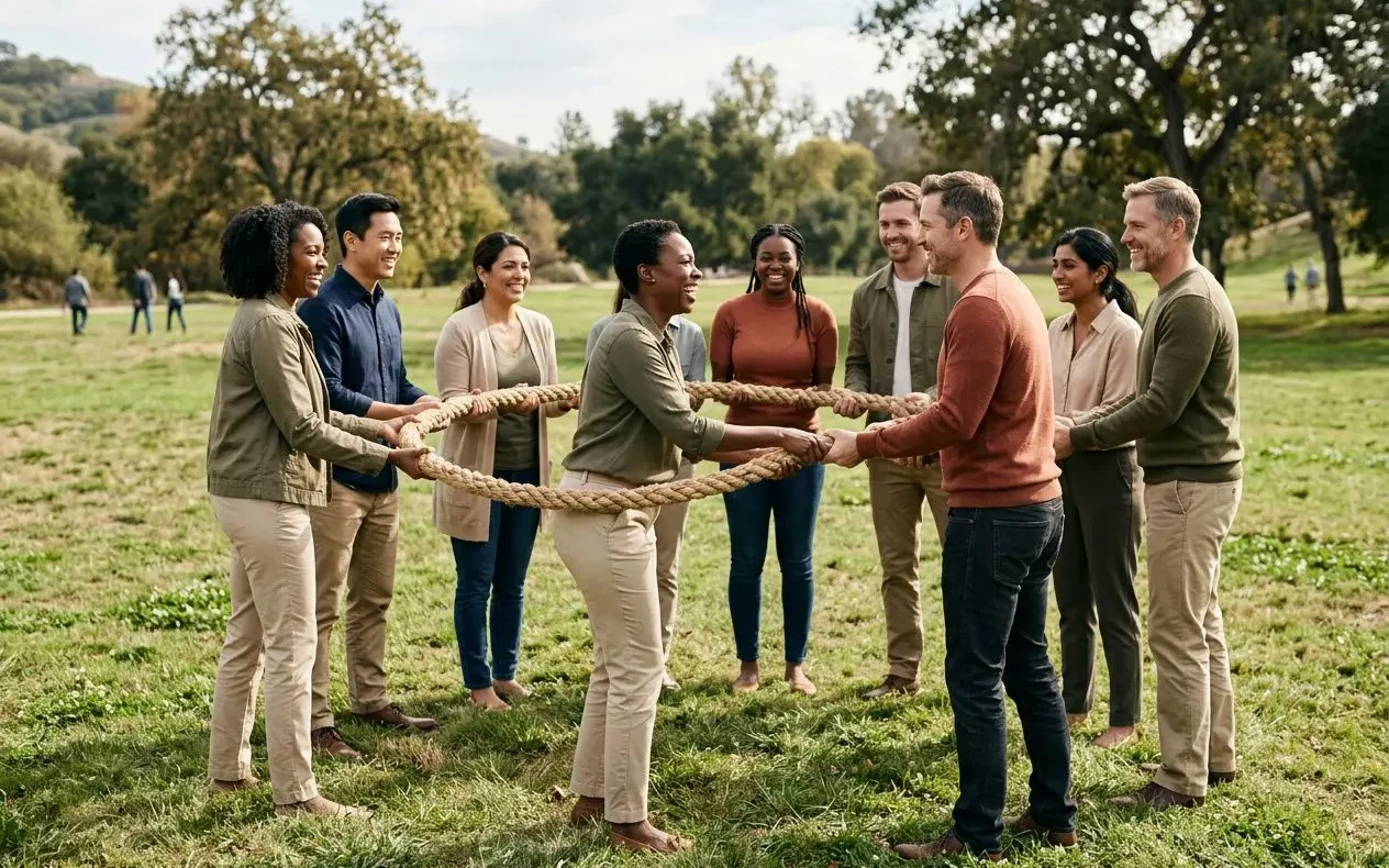 Groupe divers d’employés faisant équipe dans un parc, tirant ensemble une corde lors d’un jeu d’atelier, pour des activités groupe entreprise.