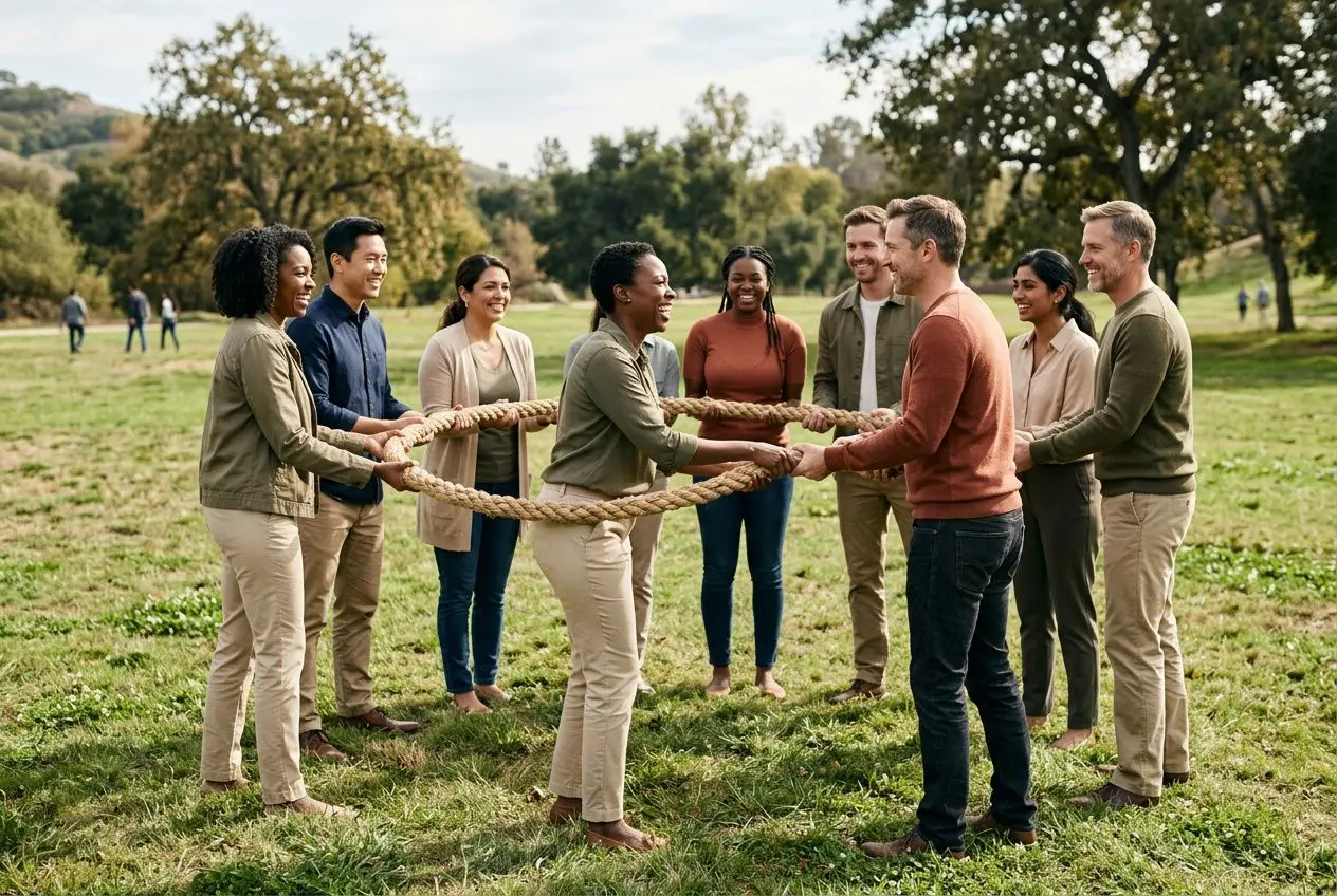 Groupe divers d’employés faisant équipe dans un parc, tirant ensemble une corde lors d’un jeu d’atelier, pour des activités groupe entreprise.