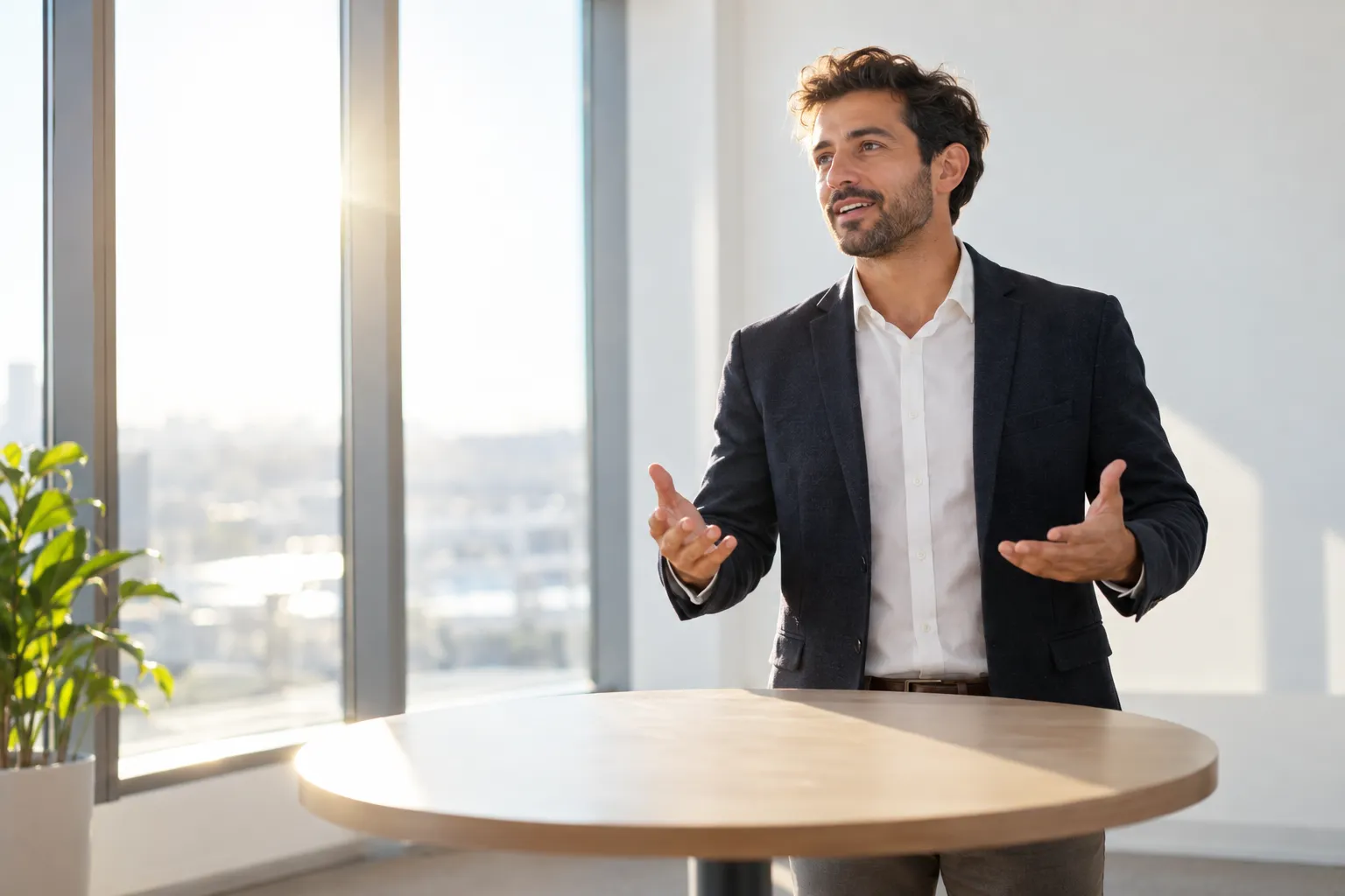 Homme d’affaires en chemise et veste sombre, debout près d’un tabouret rond, gesticulant lors d’un discours dans un bureau lumineux. intégrant le mot-clé: comment organiser un kick-off.