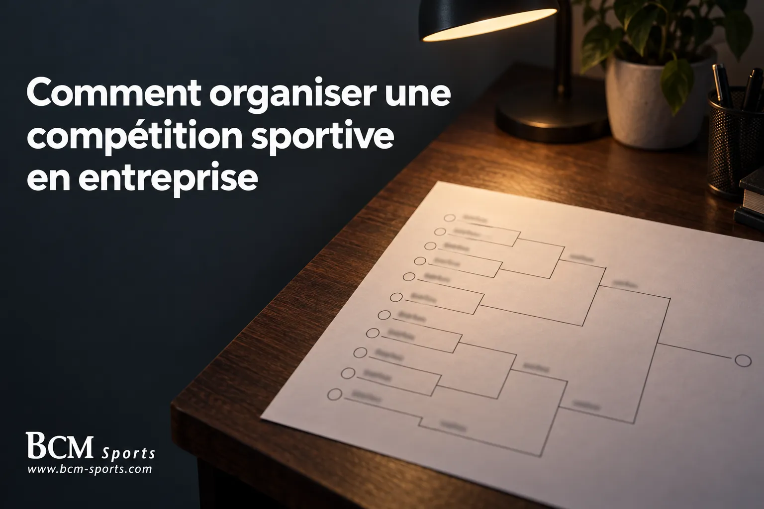 Plan de tournoi imprimé sur une feuille posé sur un bureau avec des lumières et des plantes à l’arrière.