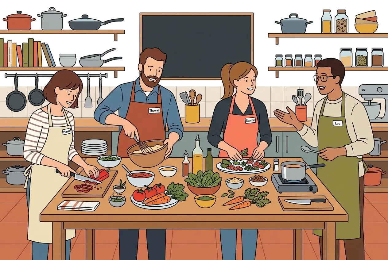 Quatre collègues en atelier cuisine communautaire préparent des plats colorés sur une grande table, sous des étagères et un tableau noir. activites possibles pour un séminaire d'entreprise.