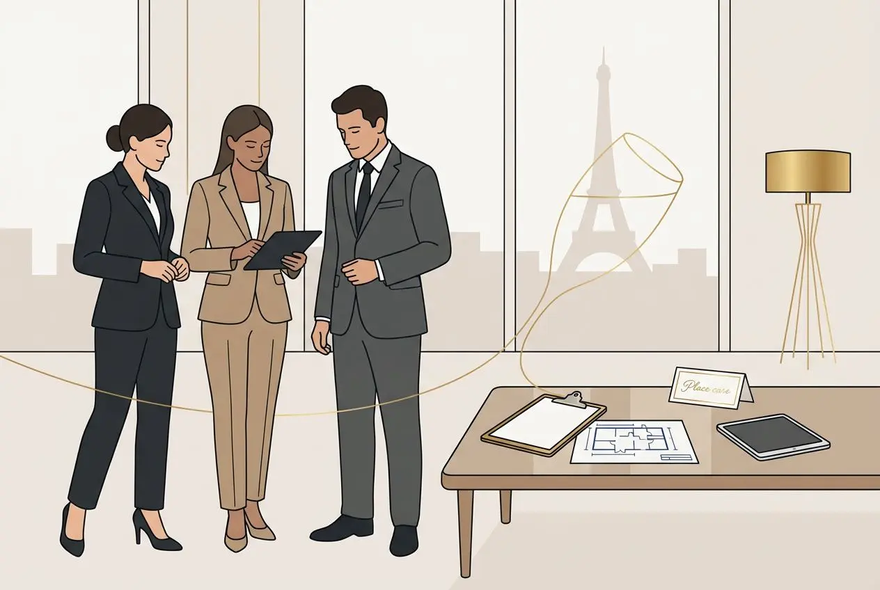 Trois professionnels en tenue élégante discutent devant une table de réception dans un espace lumineux, avec vue sur Paris et des plans posés sur la table, évoquant un événement luxe paris.
