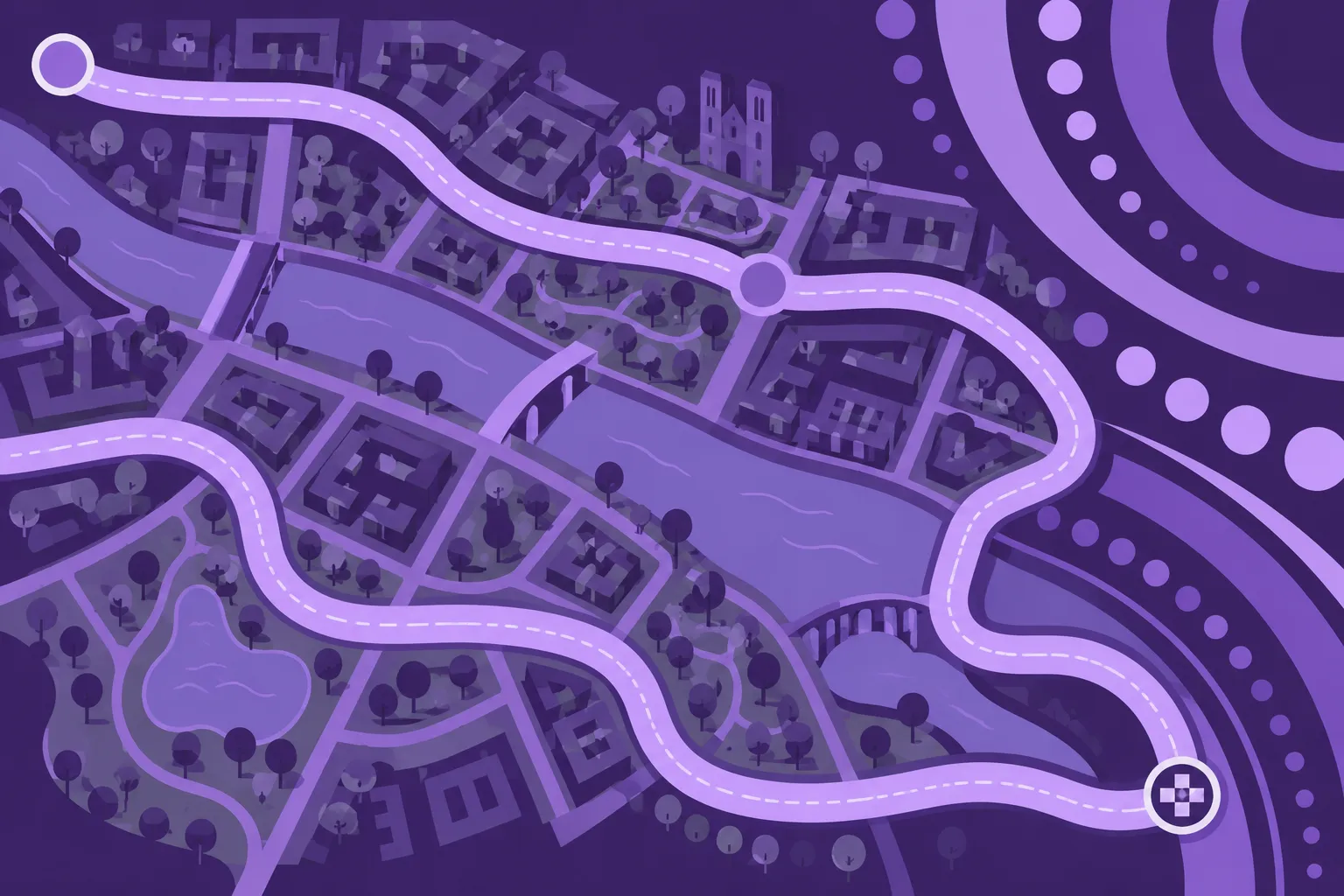 Carte d’une course sur la voie publique avec un tracé violet serpentant entre rues et quartiers.
