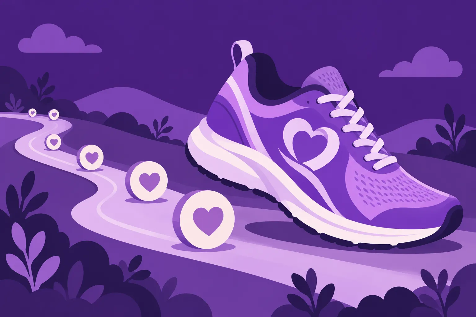 Chaussure de course violette sur un sentier, avec des cœurs en marqueurs le long du chemin.