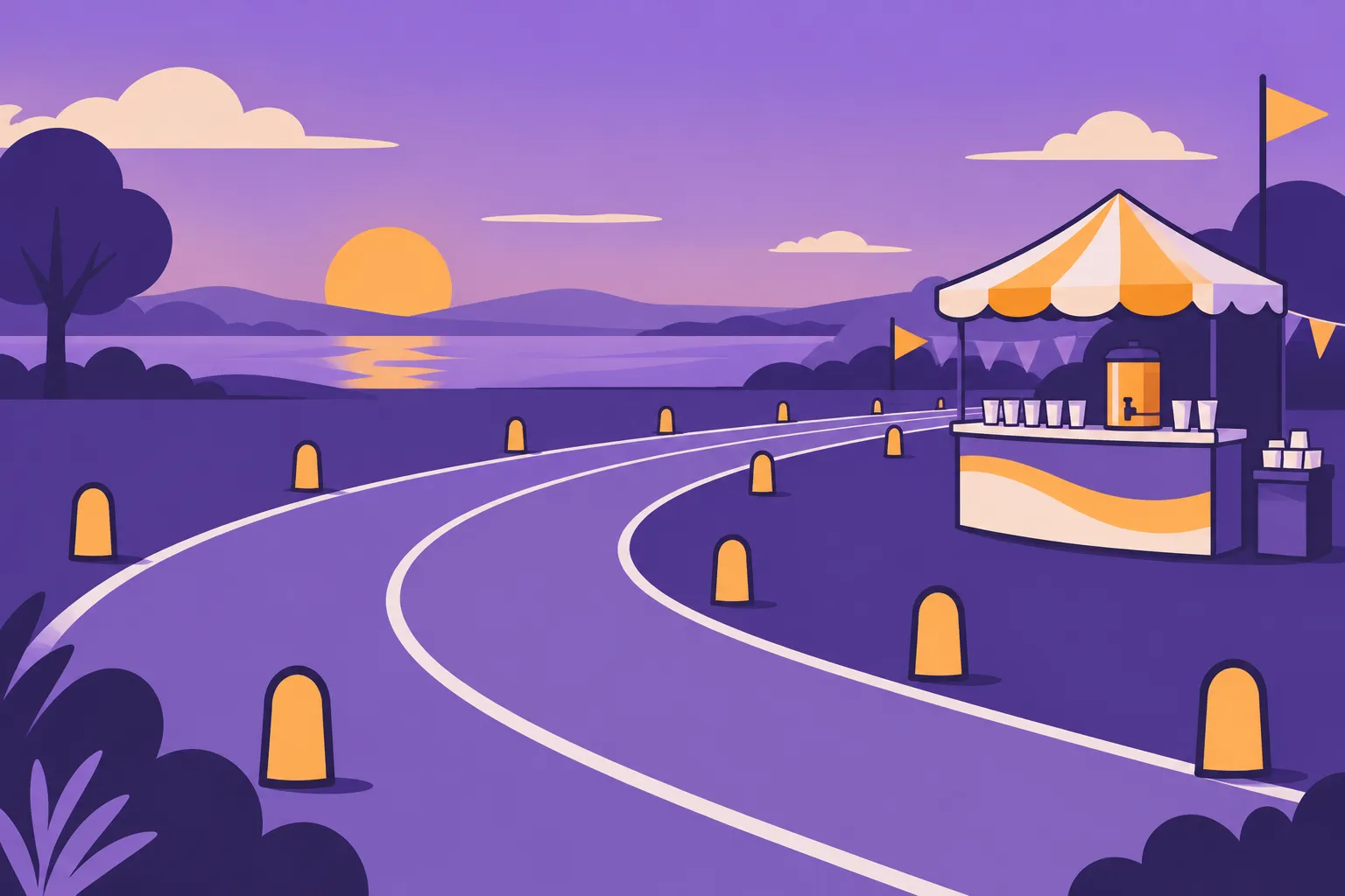 Chemin serpentant vers une zone d’accueil avec tente et guichet sur fond violet au coucher du soleil.