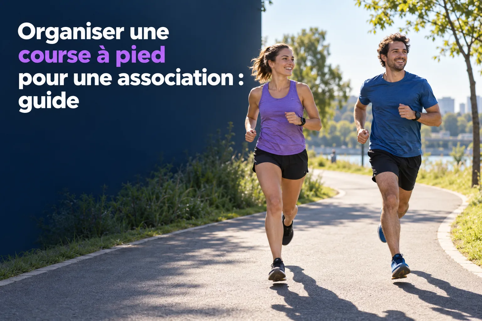 Deux coureurs en tenue de sport, sourire, courent sur une piste en plein air.