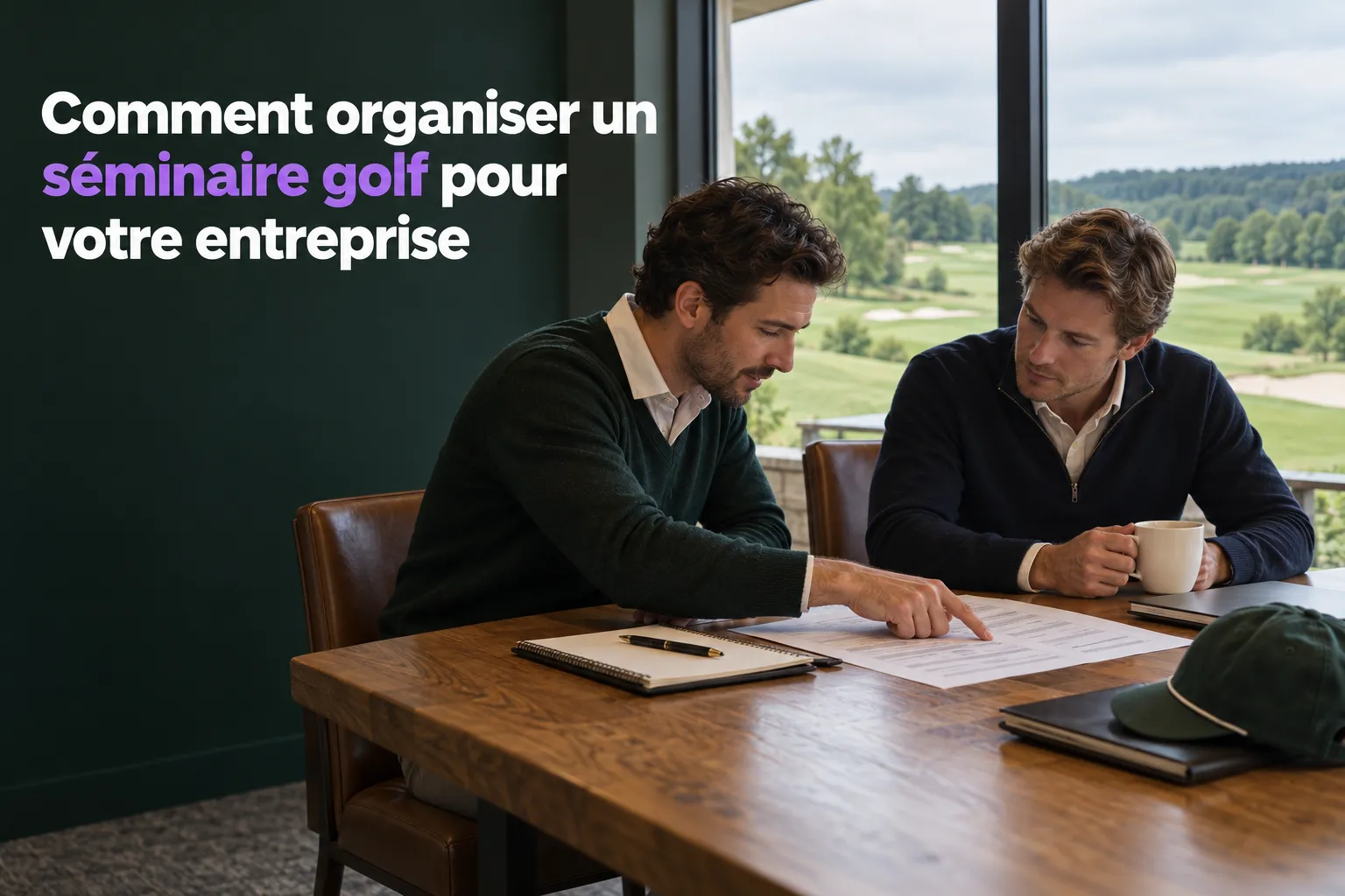 Deux hommes assis à une table en bois discutent devant des documents de travail et une tasse de café, lors d'une séance de