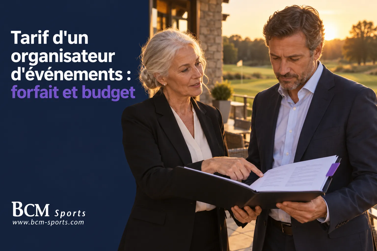 Deux professionnels consultent un dossier ouvert lors d’un échange sur le tarif d’un organisateur d’événements.