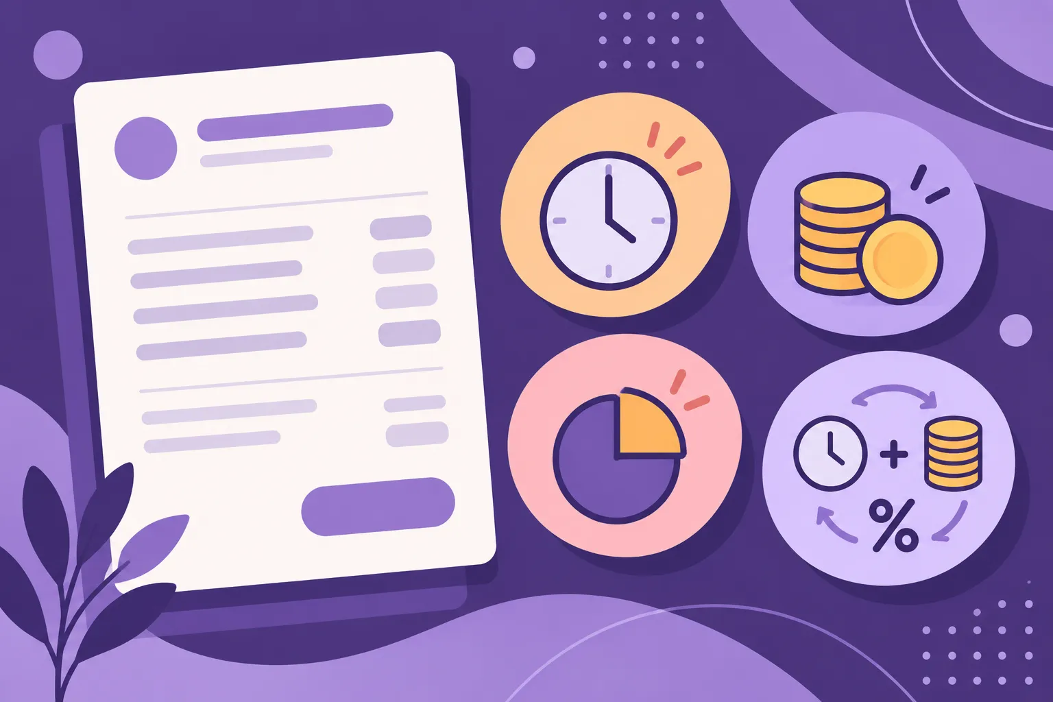 Un document posé à gauche et des icônes rondes représentant une horloge, des pièces et des graphiques sur fond violet.