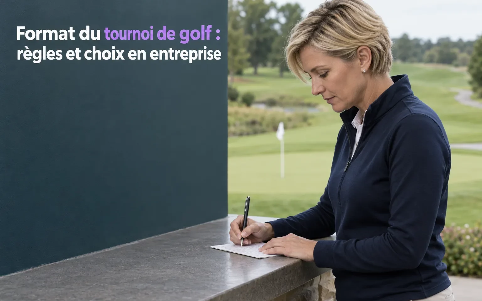 Une femme écrit sur un carnet sur une table devant un mur sombre.