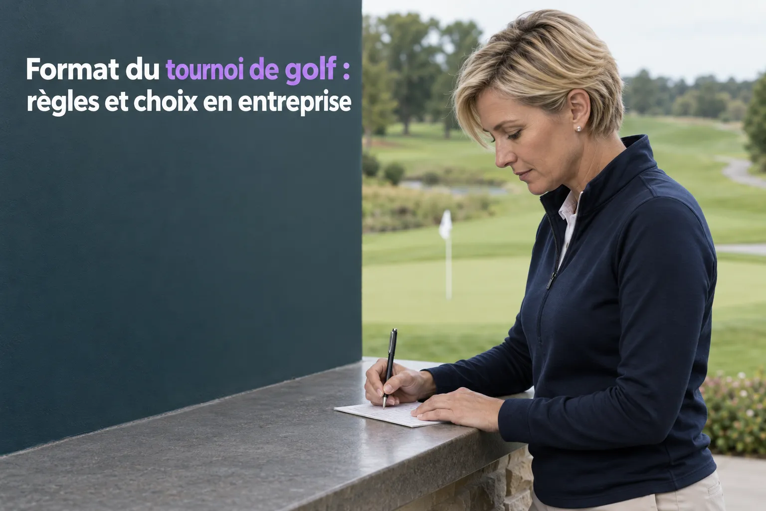 Une femme écrit sur un carnet sur une table devant un mur sombre.