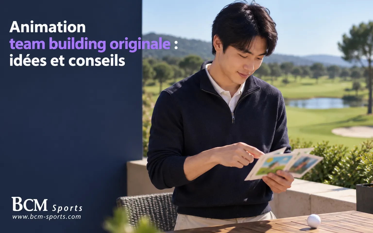 Un homme regarde une brochure devant lui sur une terrasse extérieure.