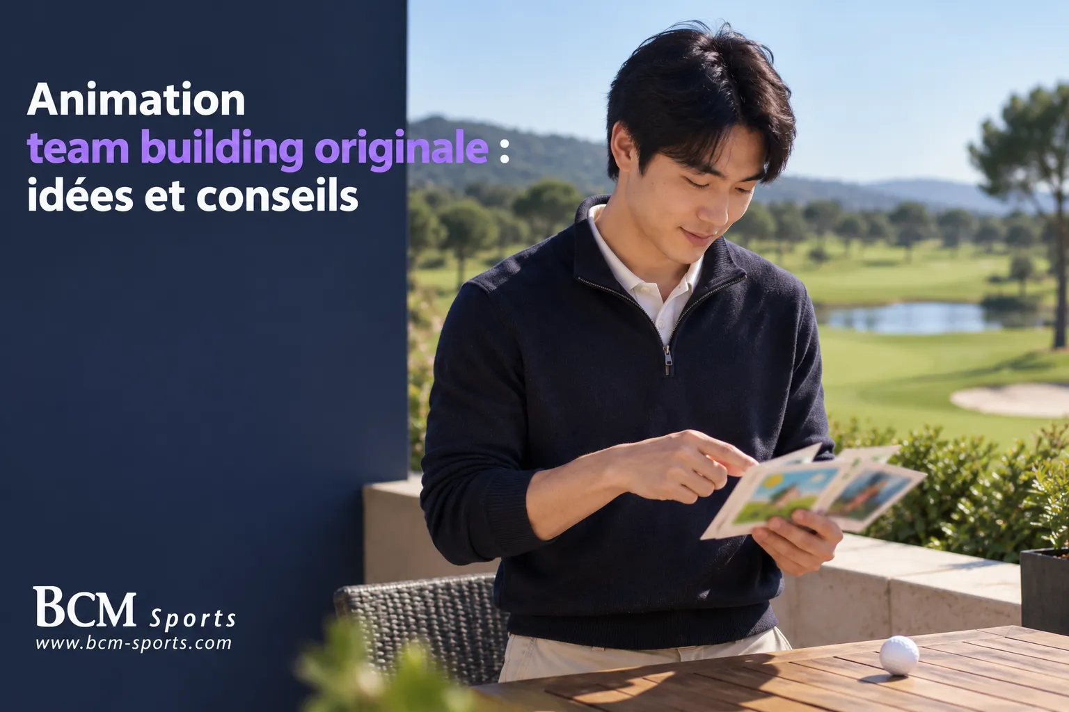 Un homme regarde une brochure devant lui sur une terrasse extérieure.