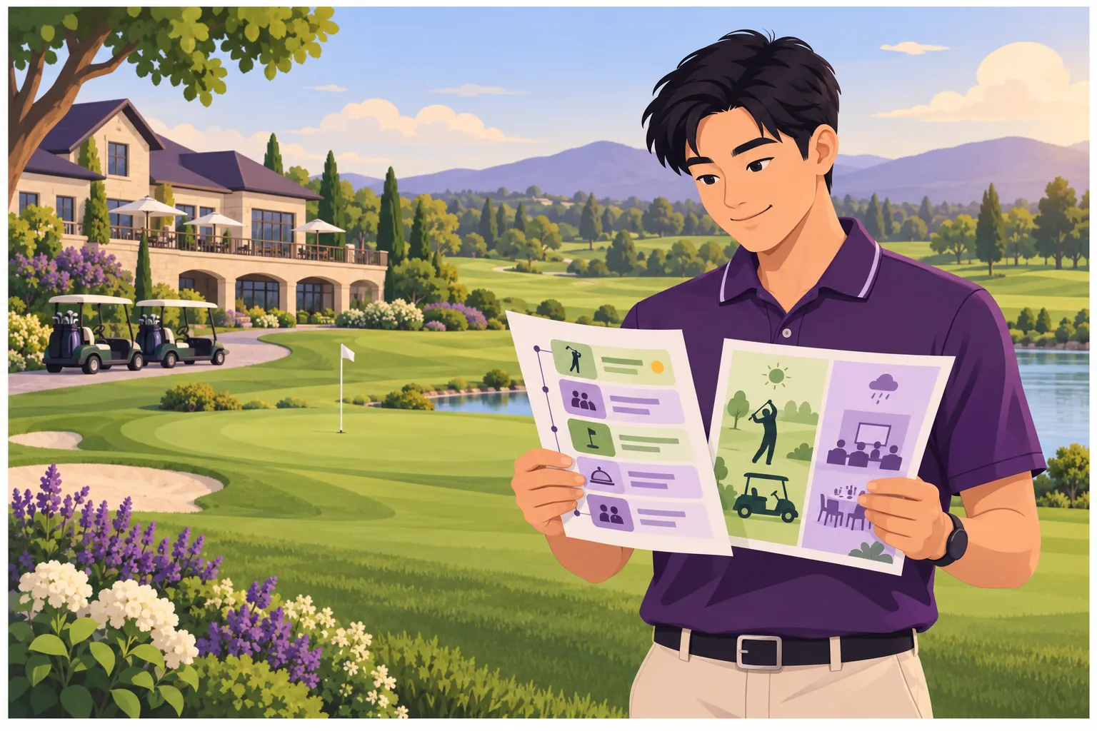 Un homme tient et lit des brochures colorées sur un parcours de golf face à une maison de style club et un paysage verdoyant.