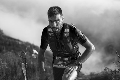 Un homme en trail court en montagne, portant gilet et dossard dans un décor rocheux et brumeux.